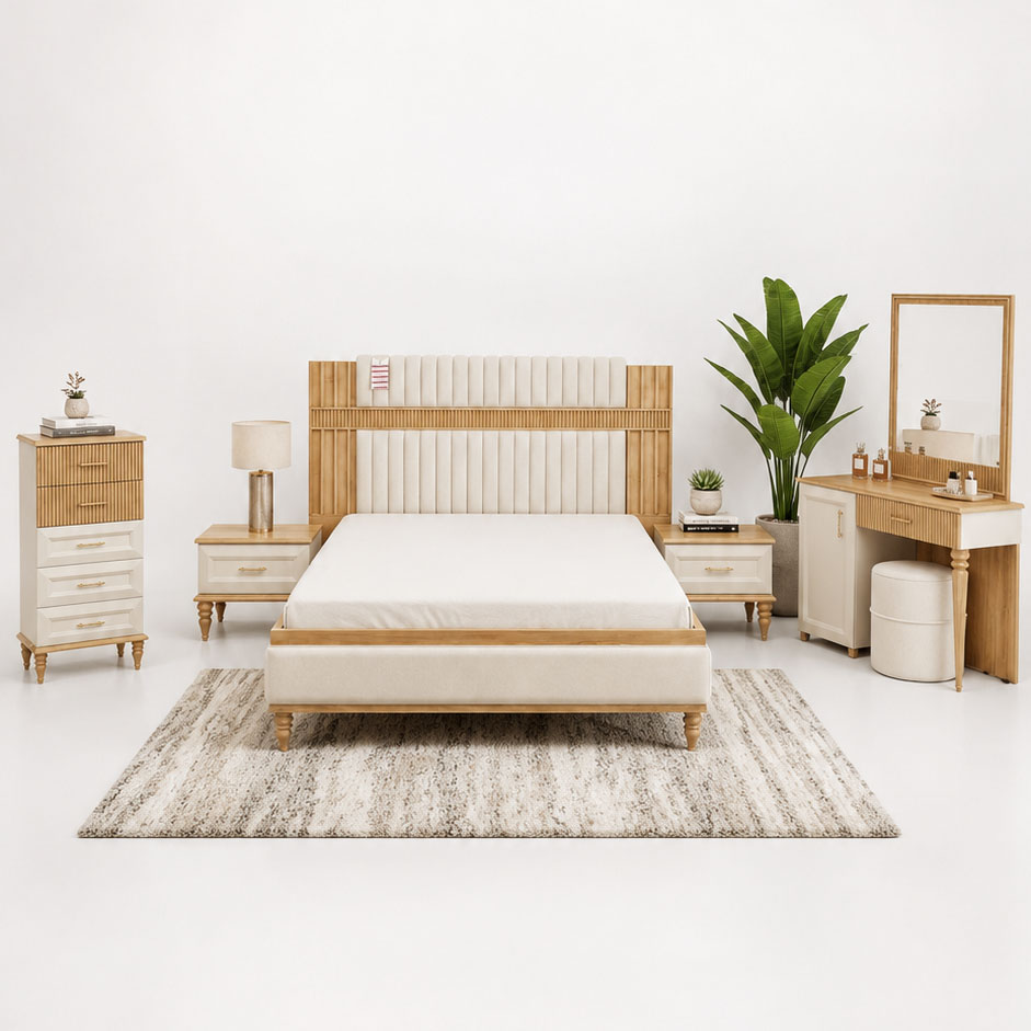 سرویس خواب کامل هیوا | تخت دو نفره، دراور و میز آرایش