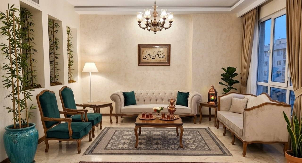 ست مبلمان فرانسوی چستردار ۸ نفره کرم با منبتکاری چوب راش و مبل تک نفره مخمل سبز زمردی